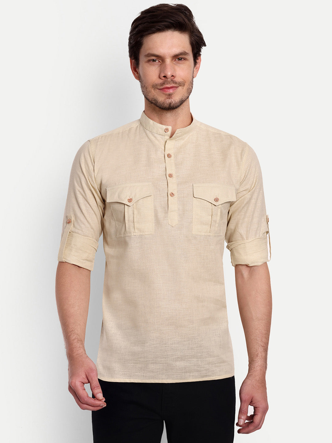 Mens Casual Slim Fit Full Sleeve Double Pocket Cotton Trendy Kurta