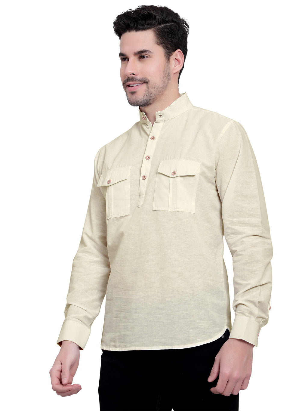 Mens Casual Slim Fit Full Sleeve Double Pocket Cotton Kurta