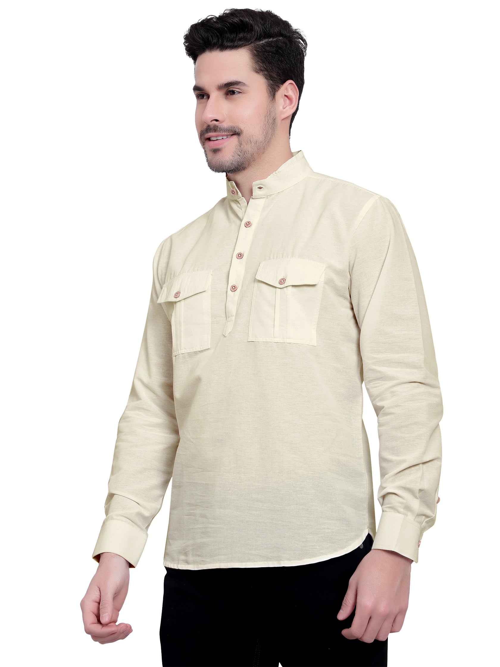 Mens Casual Slim Fit Full Sleeve Double Pocket Cotton Kurta
