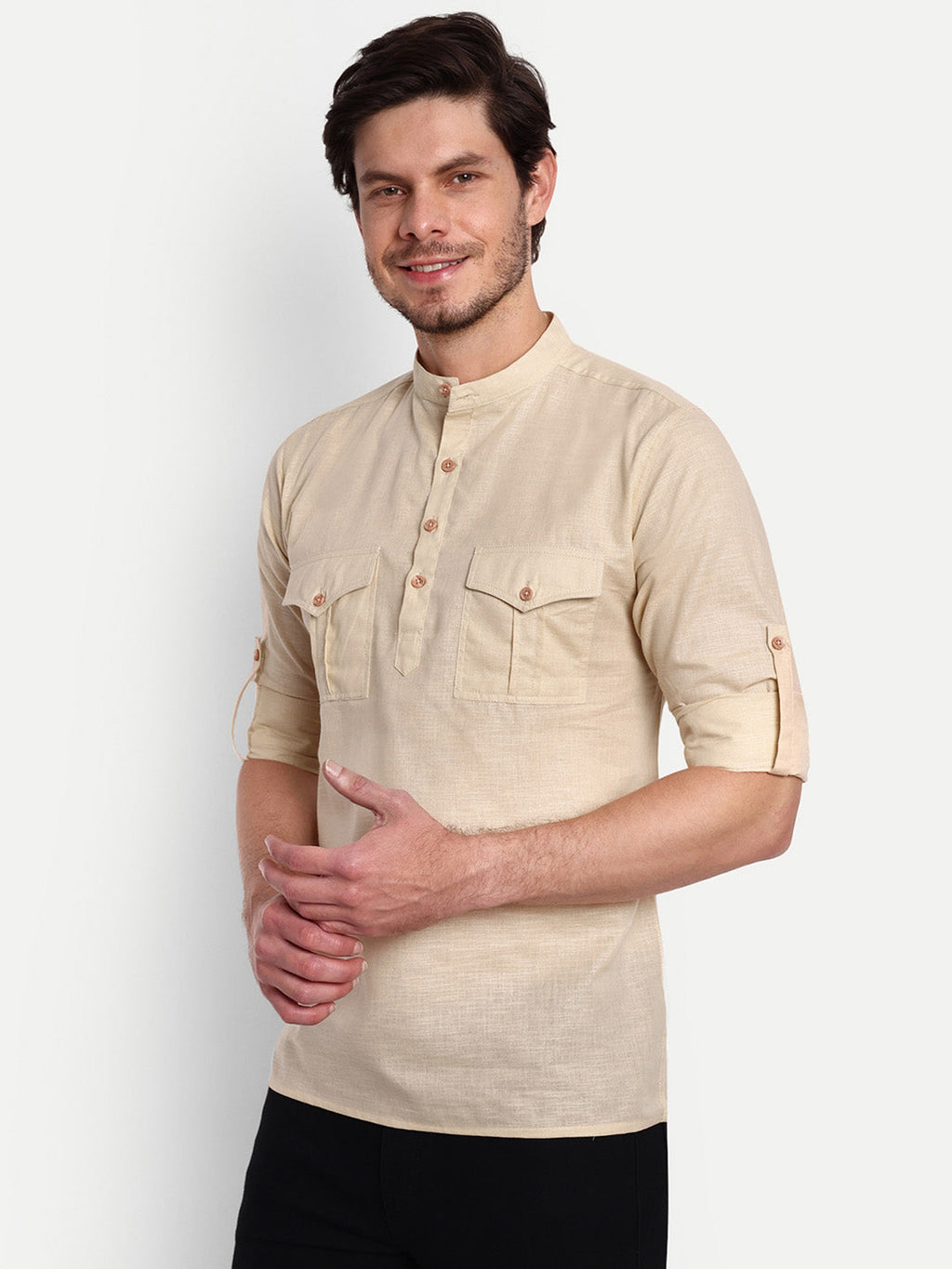 Mens Casual Slim Fit Full Sleeve Double Pocket Cotton Trendy Kurta