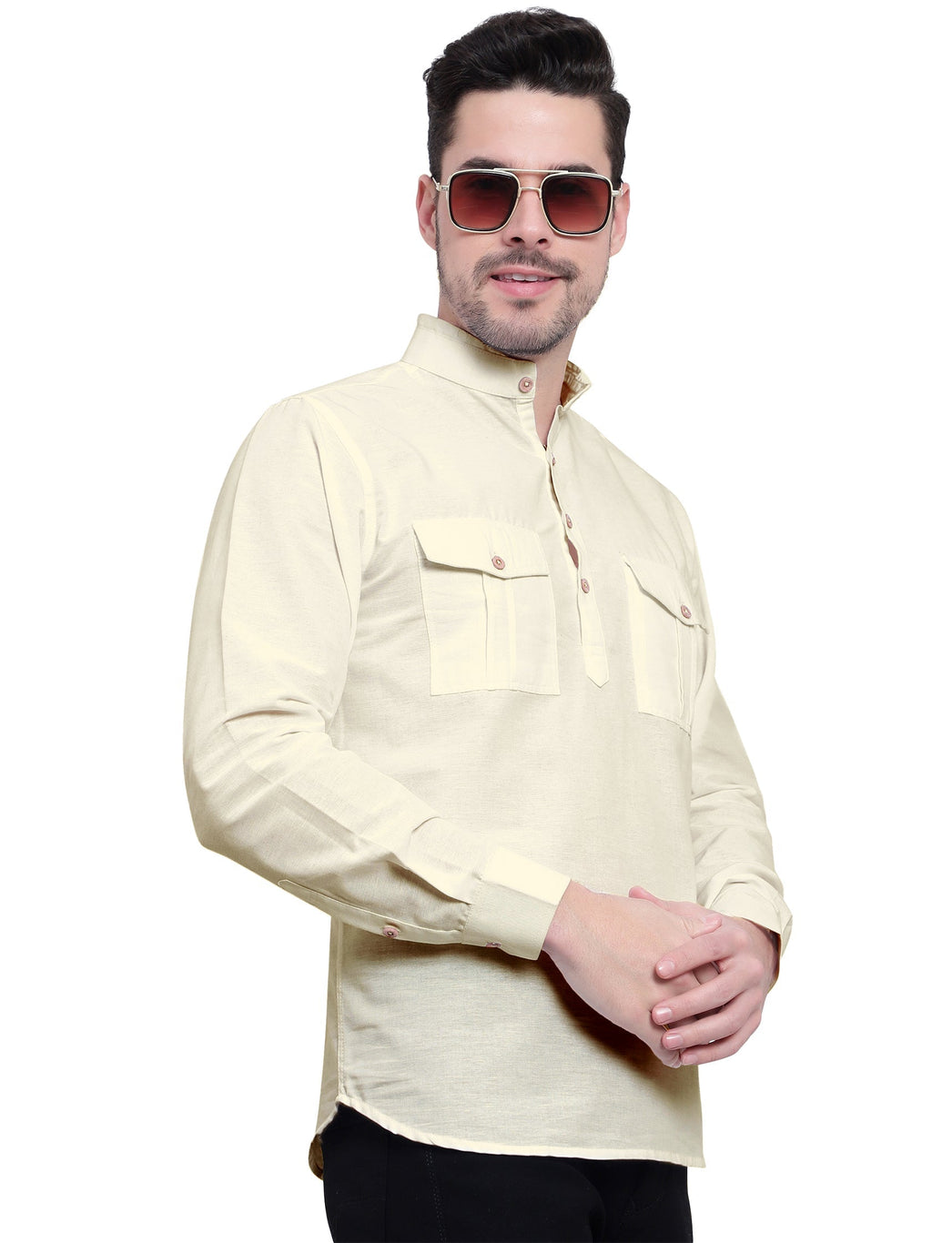 Mens Casual Slim Fit Full Sleeve Double Pocket Cotton Kurta