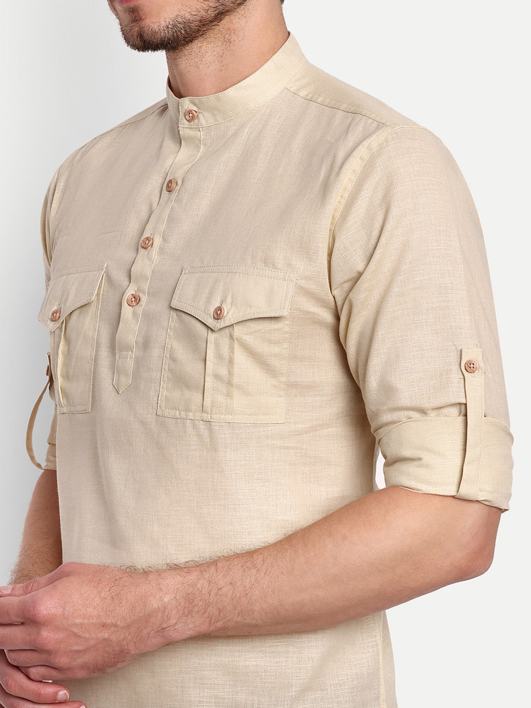 Mens Casual Slim Fit Full Sleeve Double Pocket Cotton Trendy Kurta