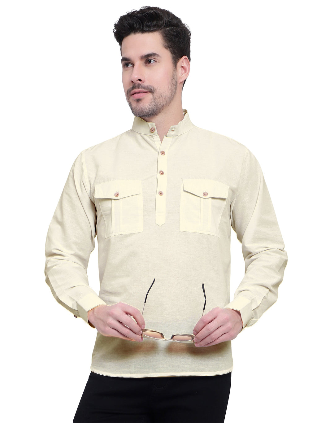 Mens Casual Slim Fit Full Sleeve Double Pocket Cotton Kurta