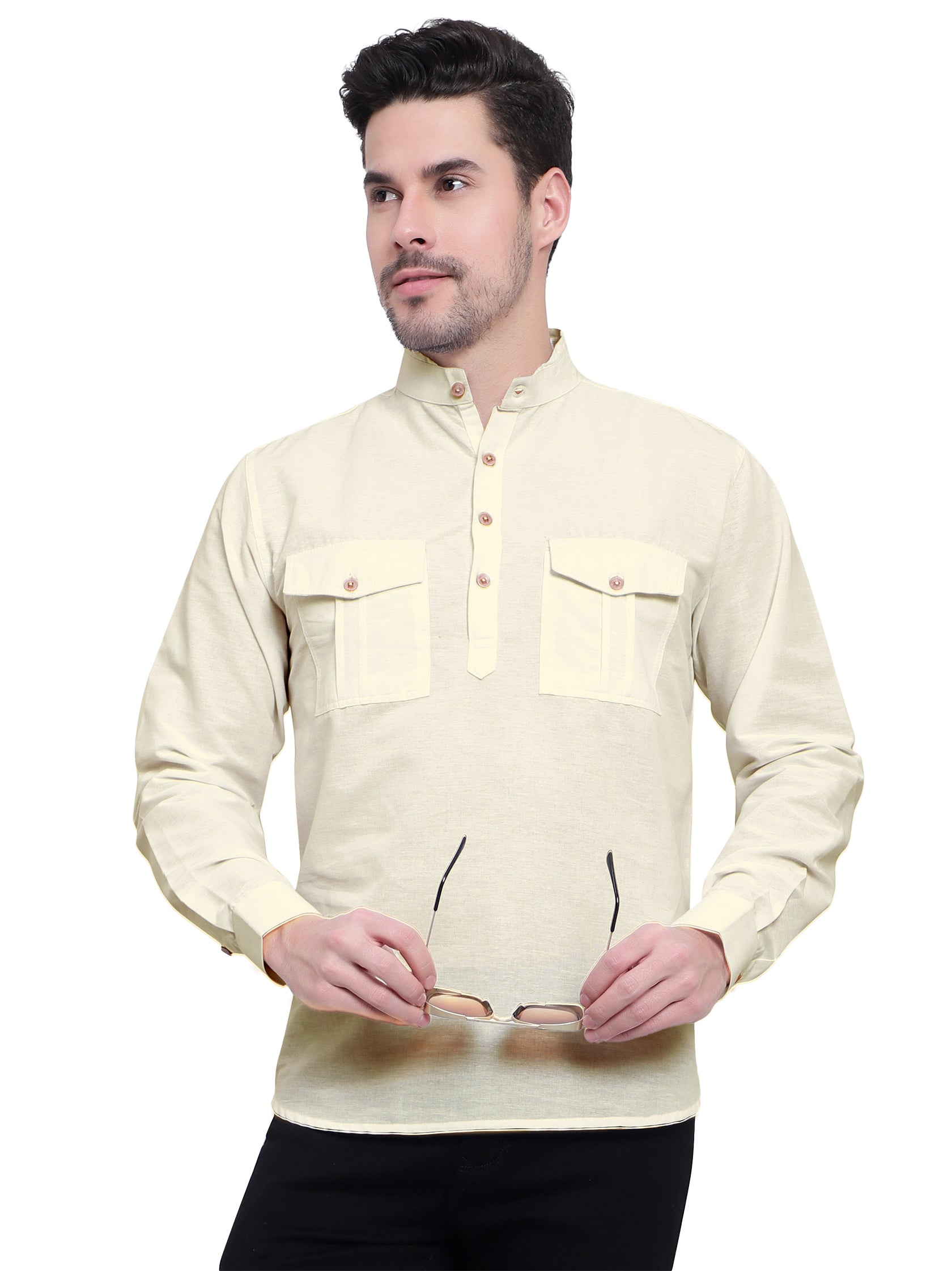 Mens Casual Slim Fit Full Sleeve Double Pocket Cotton Kurta