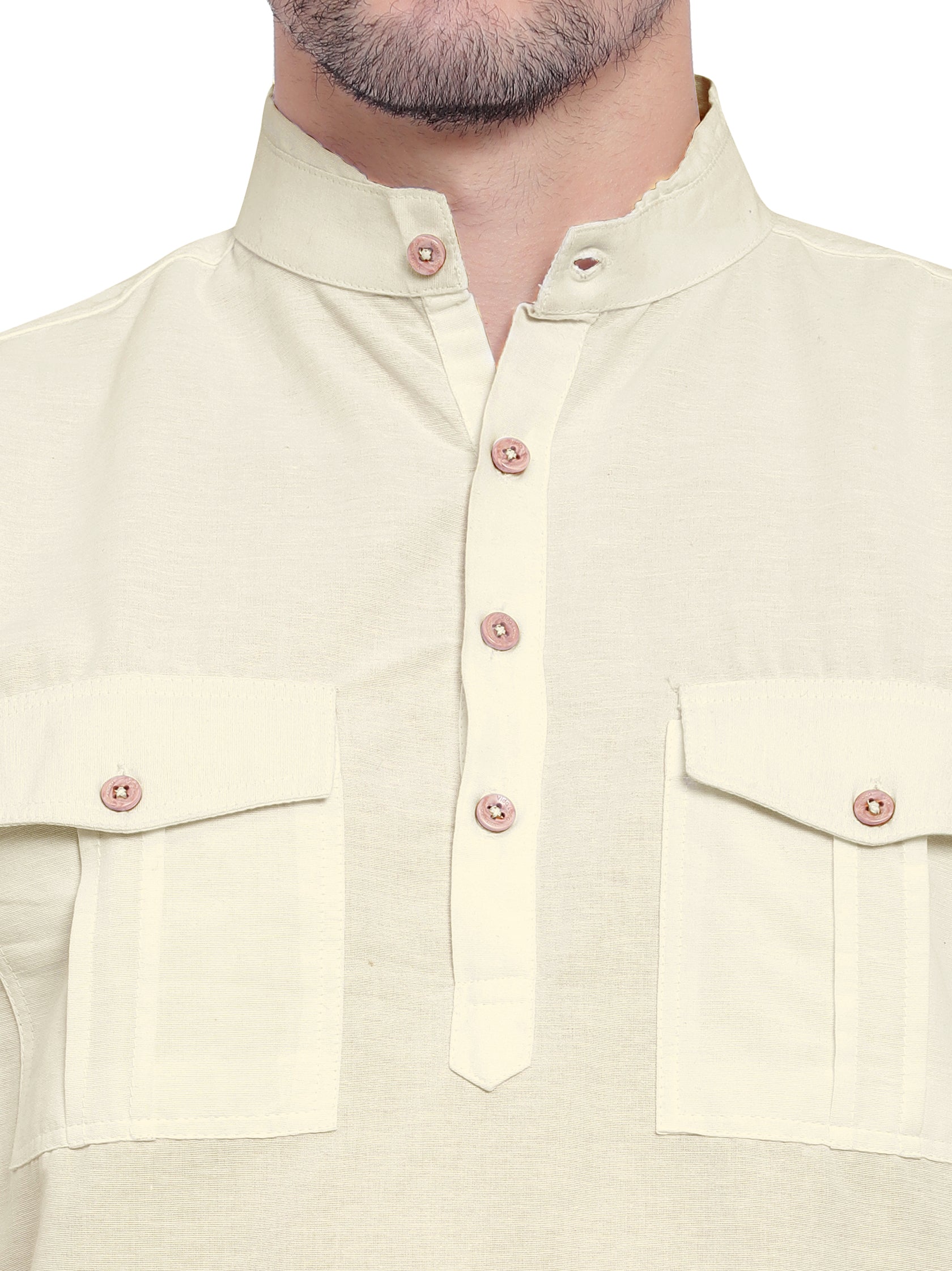 Mens Casual Slim Fit Full Sleeve Double Pocket Cotton Kurta