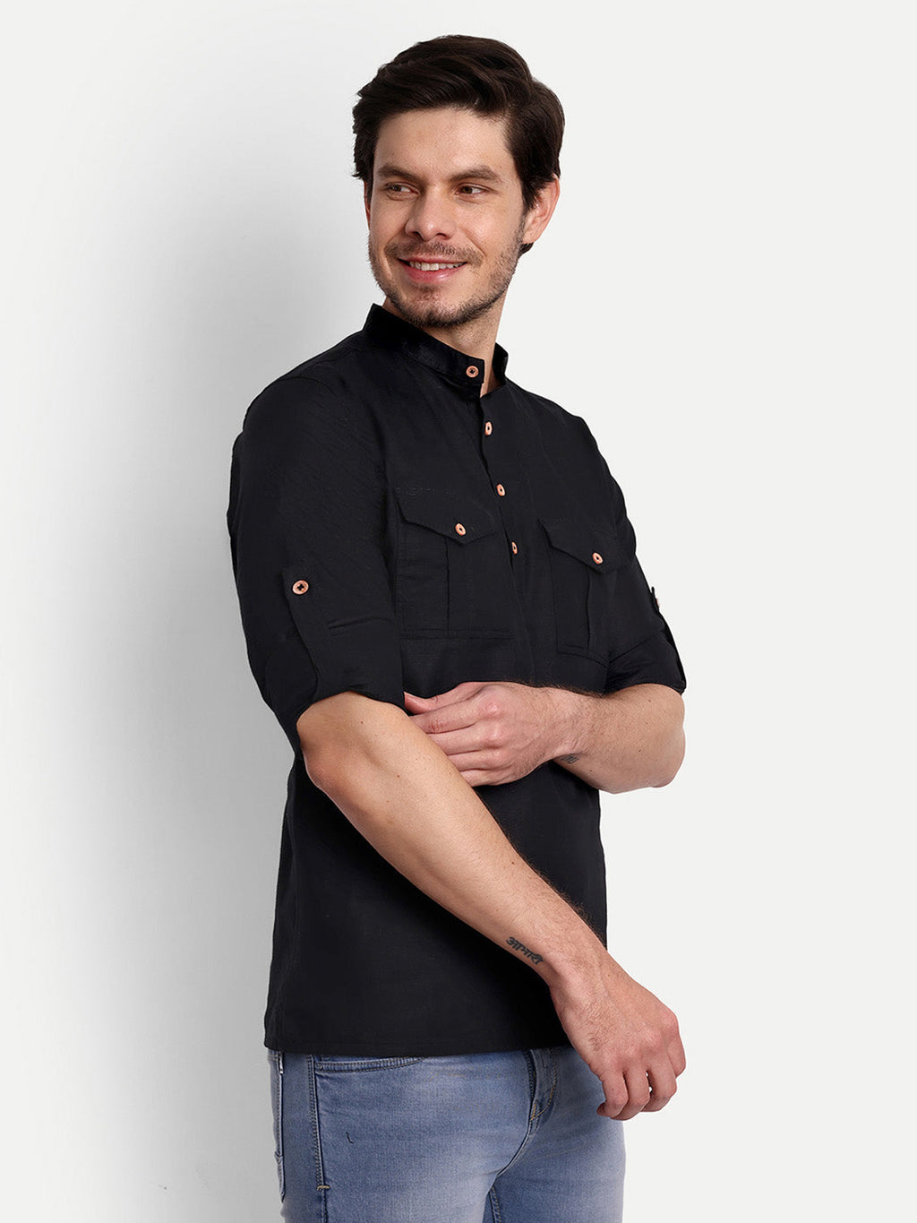 Mens Casual Slim Fit Full Sleeve Double Pocket Cotton Trendy Kurta