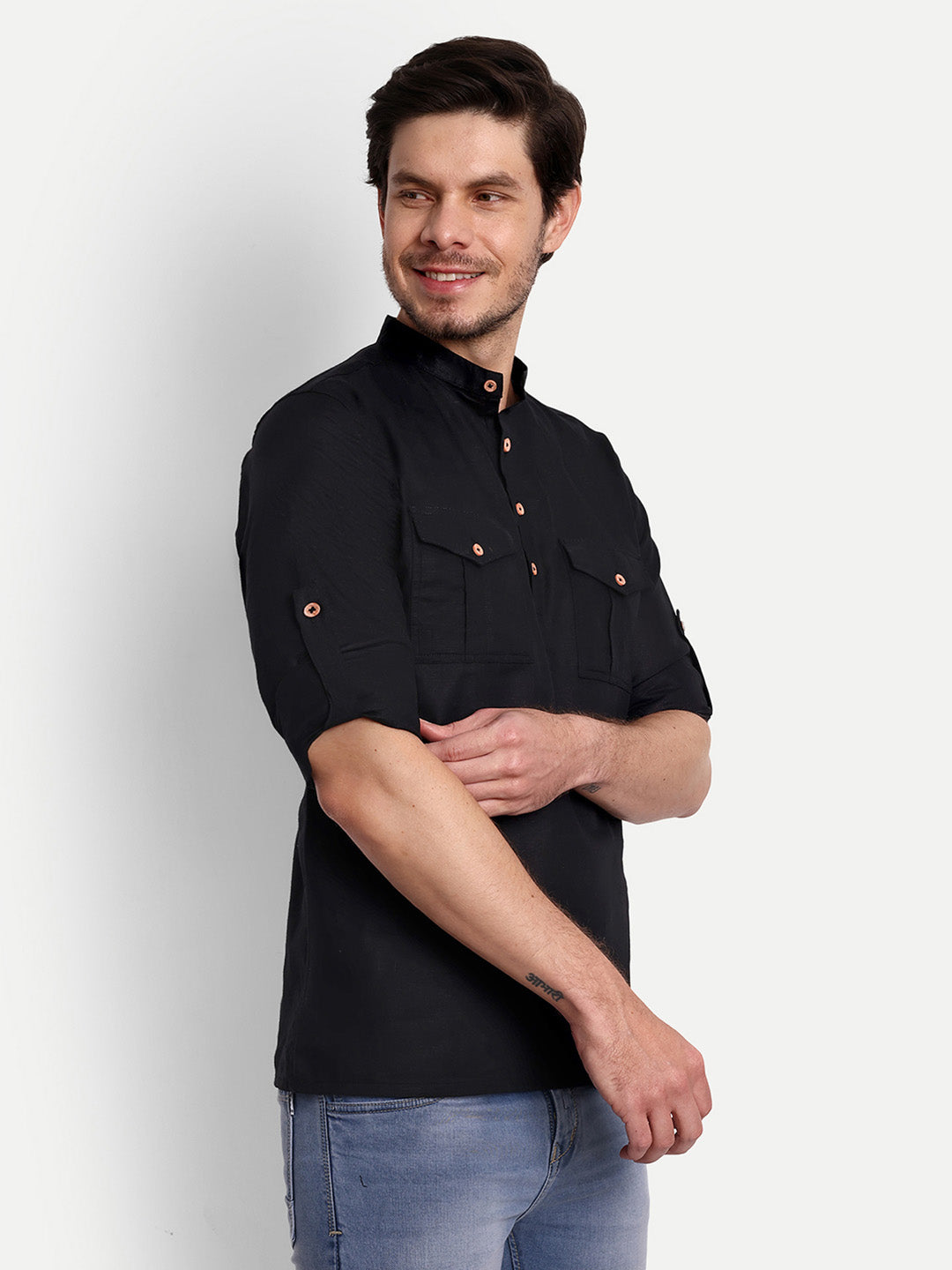 Mens Casual Slim Fit Full Sleeve Double Pocket Cotton Trendy Kurta
