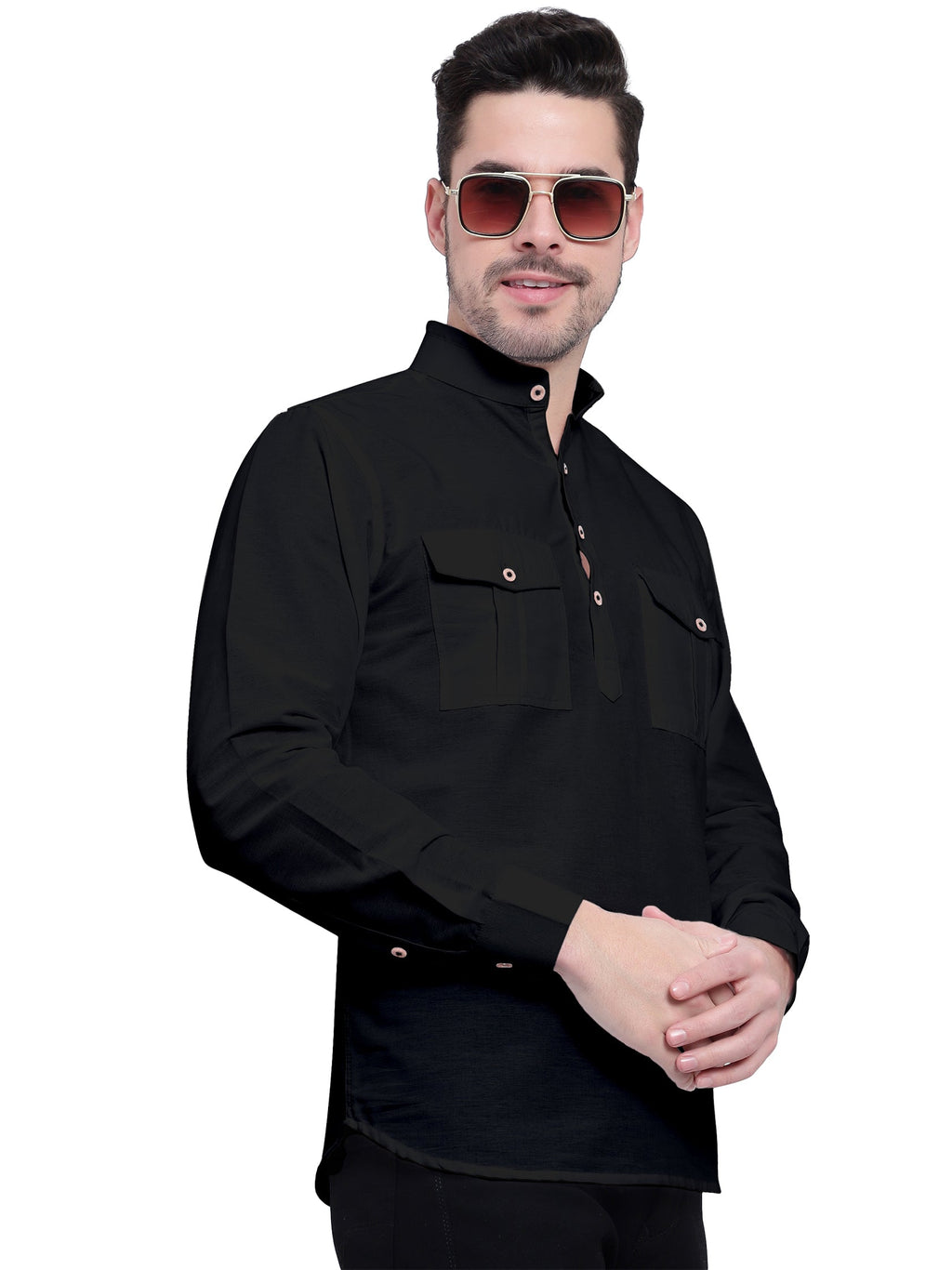 Mens Casual Slim Fit Full Sleeve Double Pocket Cotton Kurta