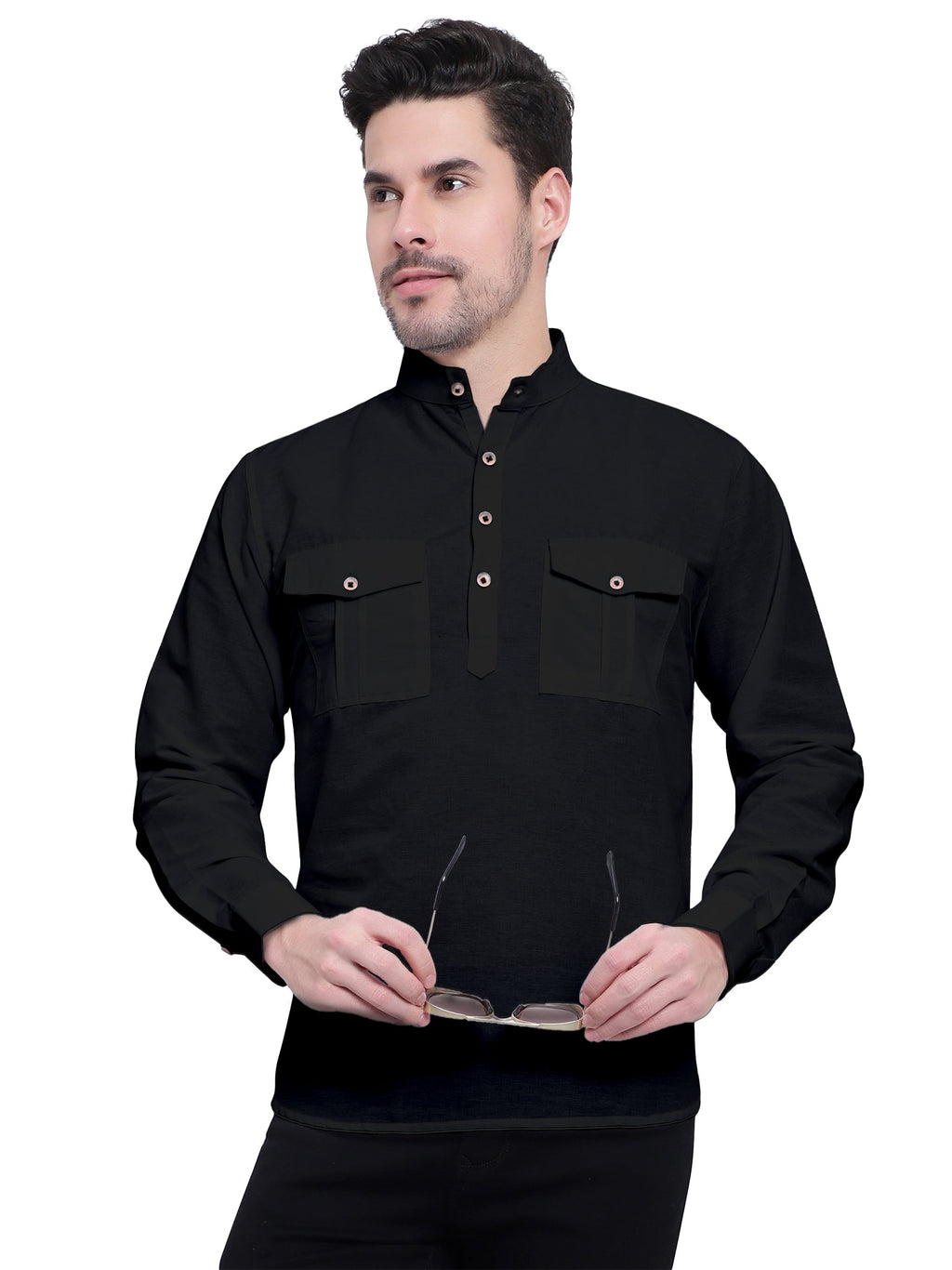 Mens Casual Slim Fit Full Sleeve Double Pocket Cotton Kurta