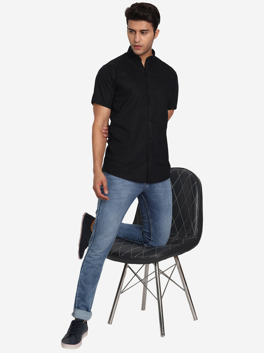 Men Pure Cotton Mandarin Collar Casual Half Sleeve Shirt