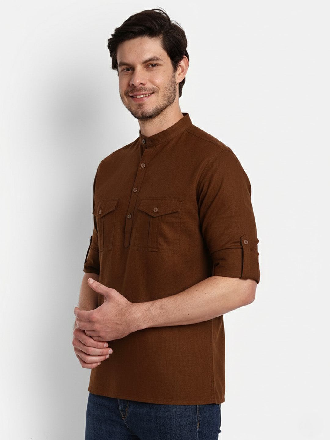 Mens Casual Slim Fit Full Sleeve Double Pocket Cotton Trendy Kurta