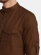 Mens Casual Slim Fit Full Sleeve Double Pocket Cotton Trendy Kurta