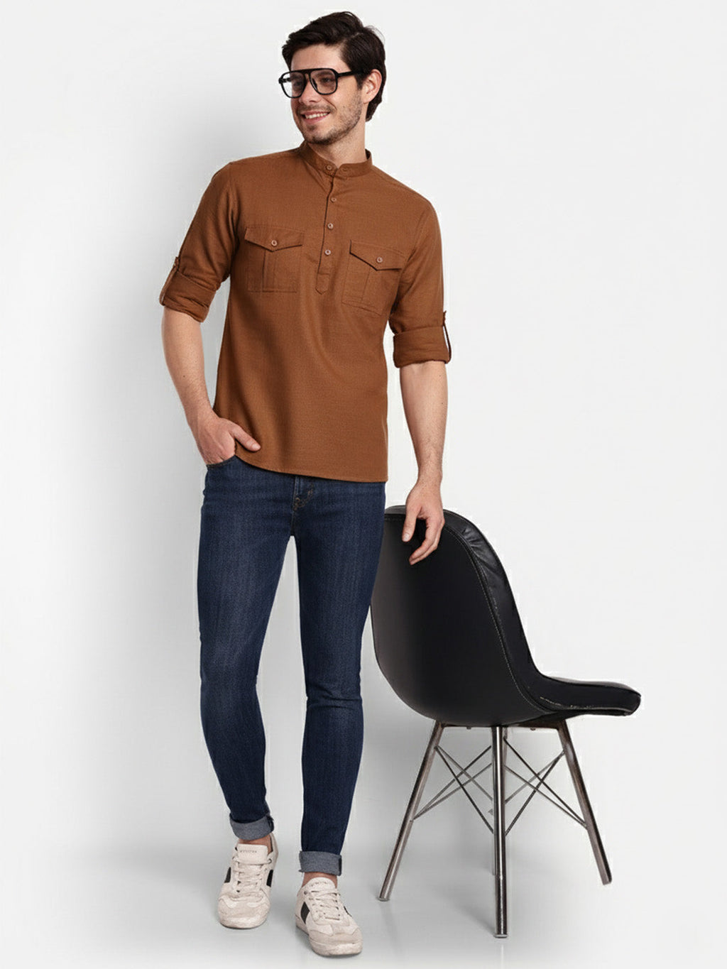 Mens Casual Slim Fit Full Sleeve Double Pocket Cotton Trendy Kurta