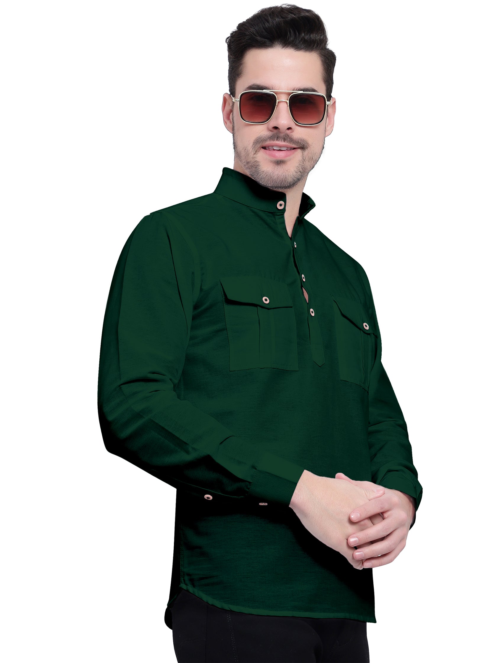 Mens Casual Slim Fit Full Sleeve Double Pocket Cotton Kurta