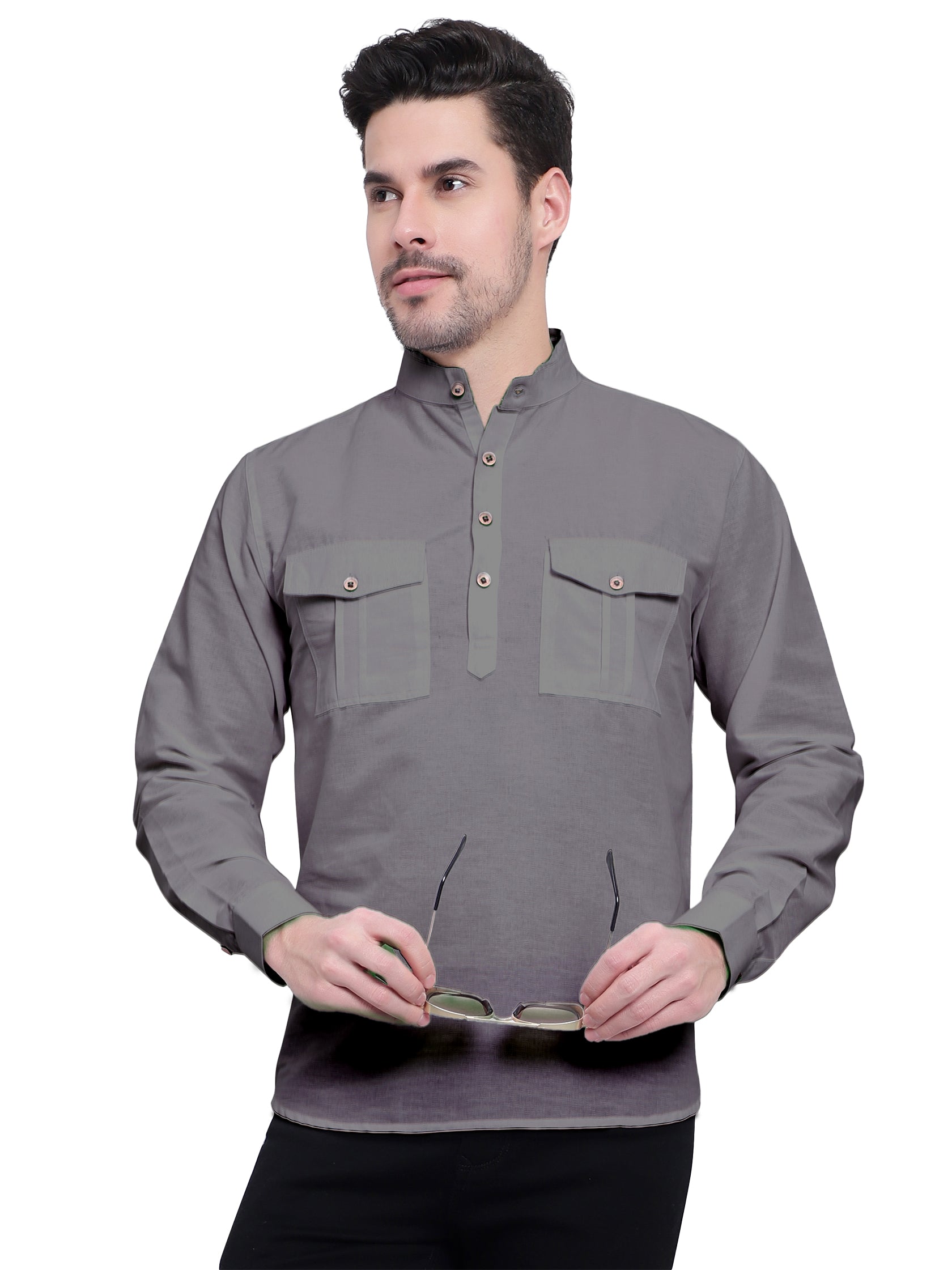 Mens Casual Slim Fit Full Sleeve Double Pocket Cotton Kurta