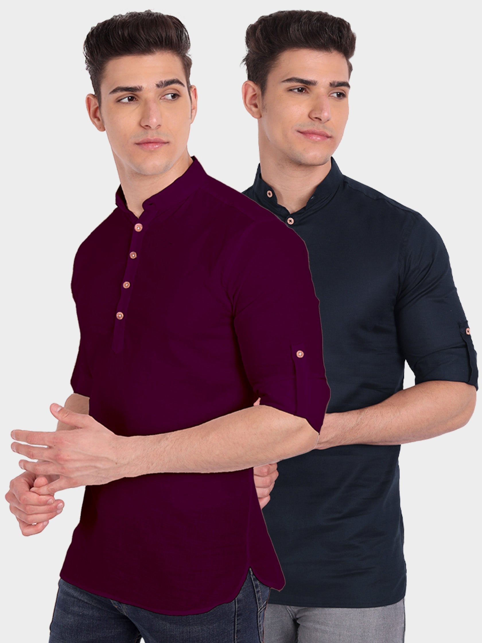 Mens Casual Slim Fit Full Sleeve Cotton Kurta (Pack 2)