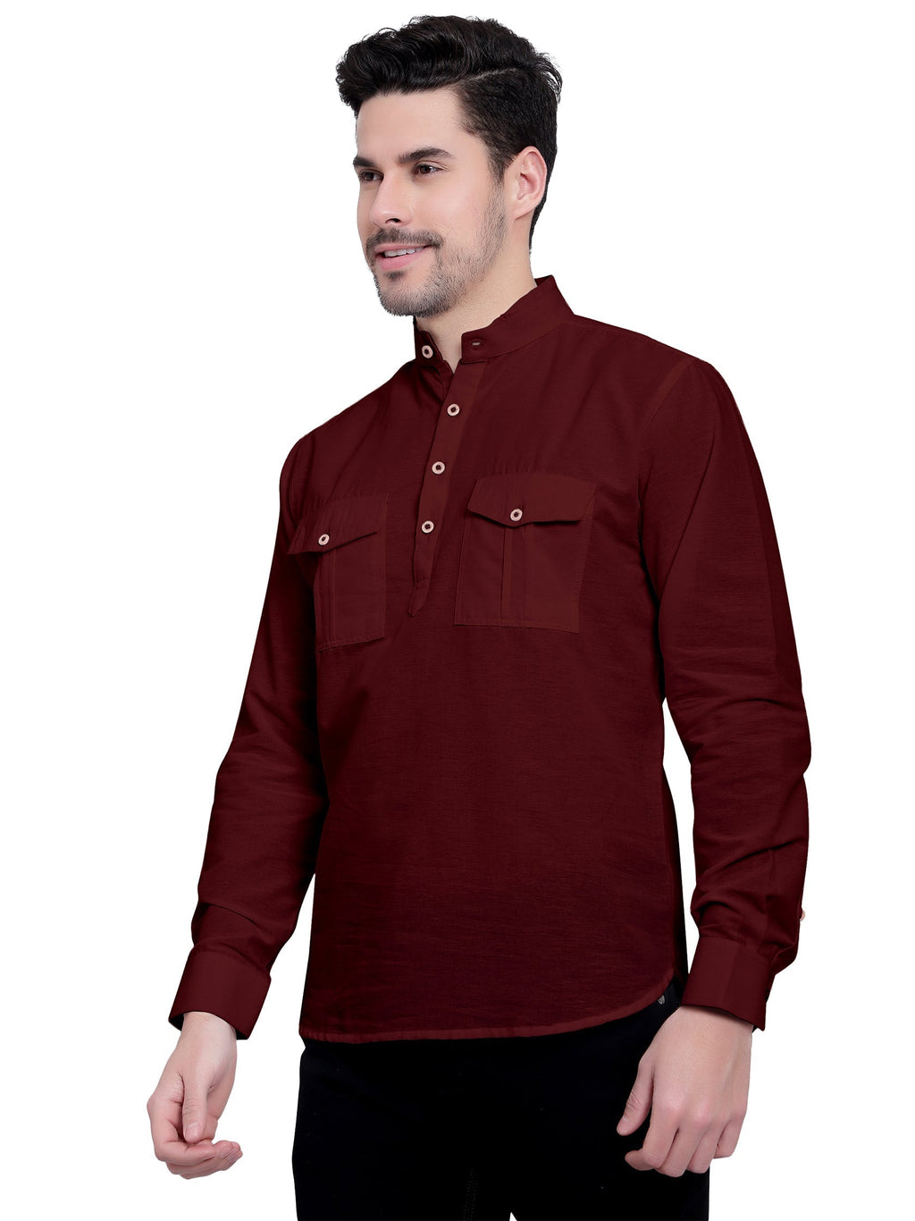 Mens Casual Slim Fit Full Sleeve Double Pocket Cotton Kurta