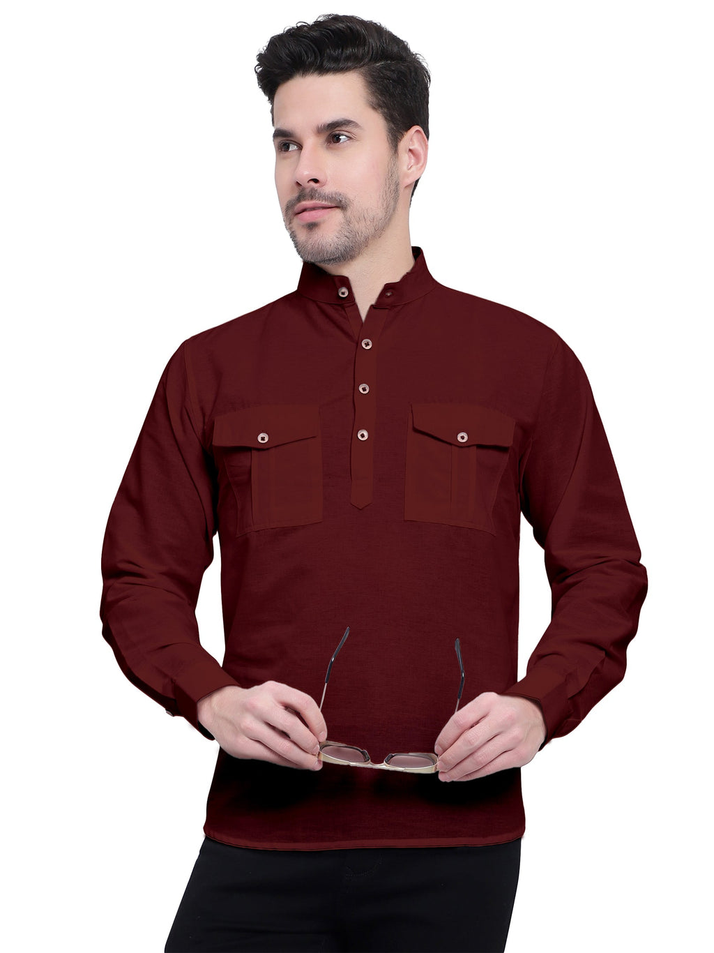 Mens Casual Slim Fit Full Sleeve Double Pocket Cotton Kurta