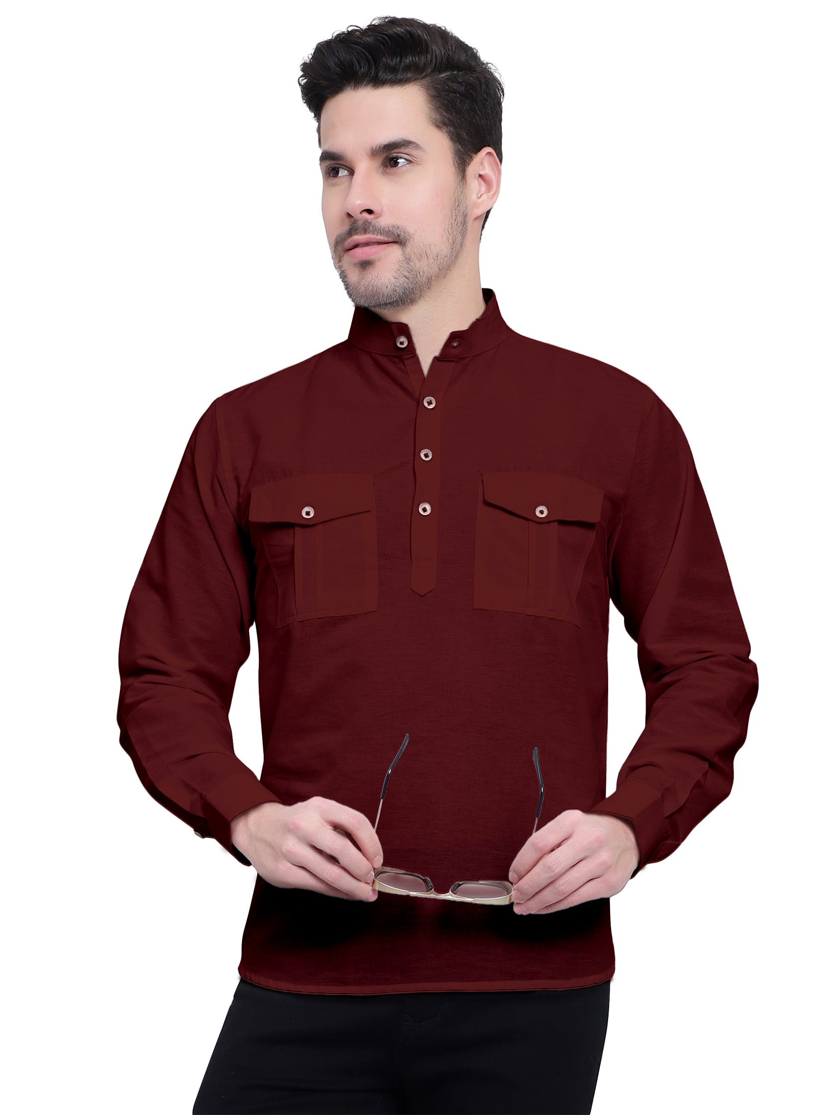 Mens Casual Slim Fit Full Sleeve Double Pocket Cotton Kurta