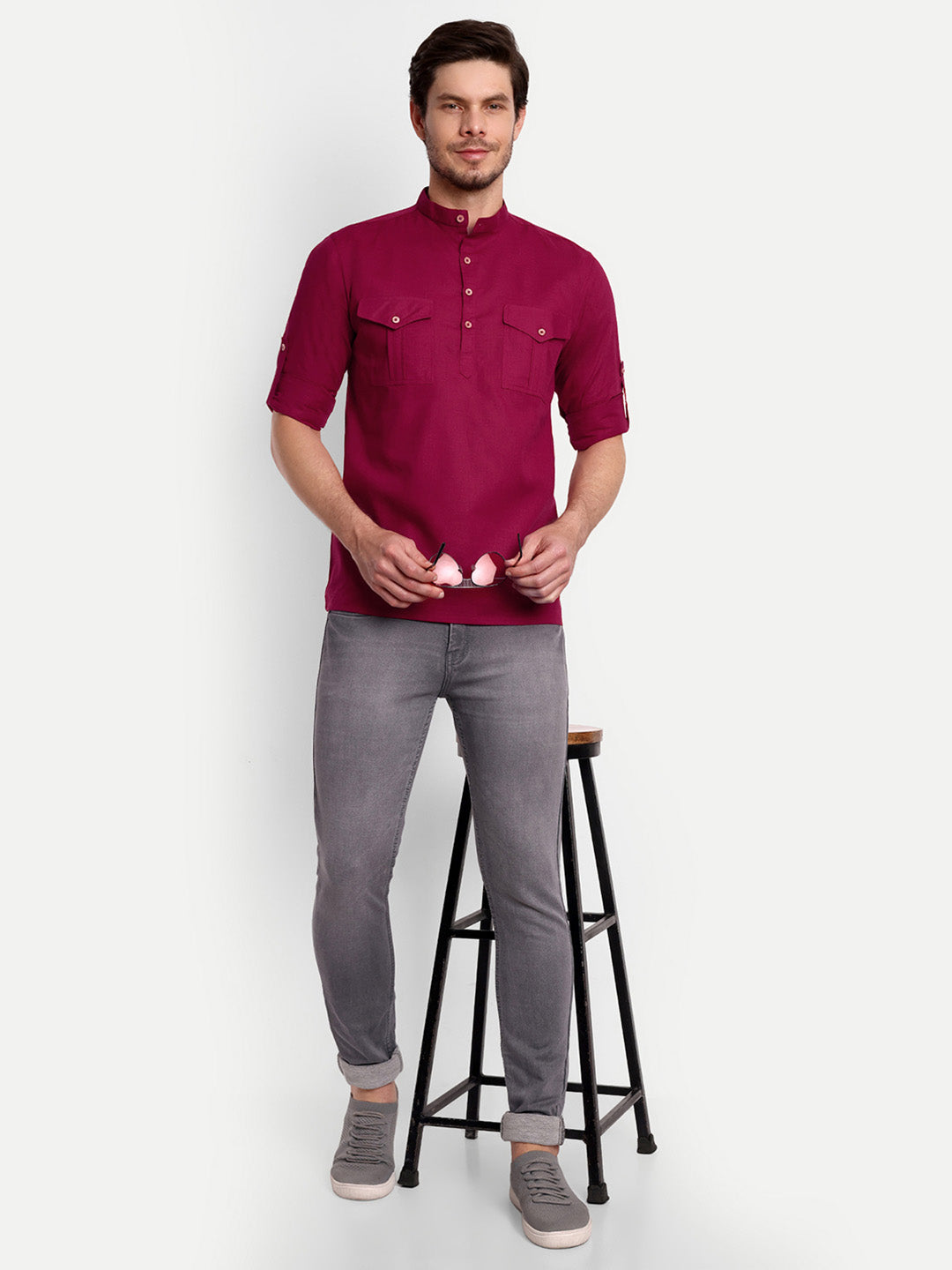 Mens Casual Slim Fit Full Sleeve Double Pocket Cotton Trendy Kurta