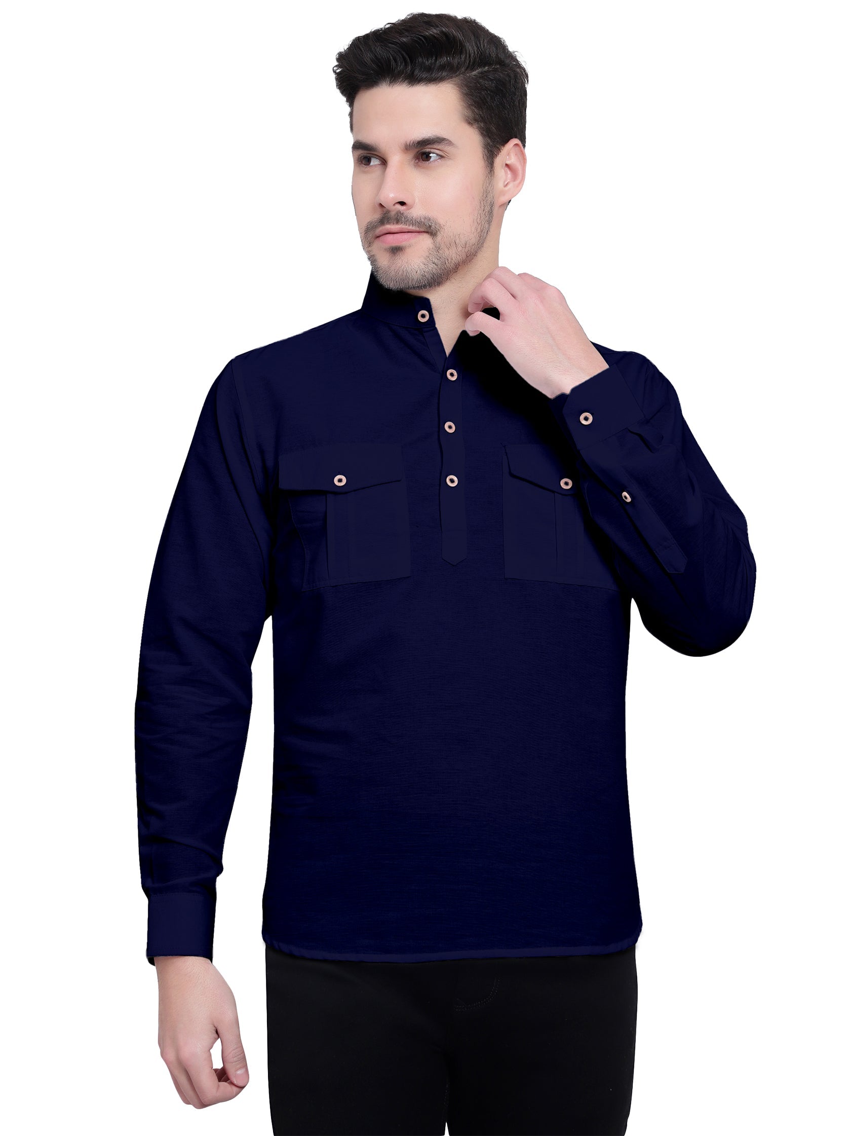 Mens Casual Slim Fit Full Sleeve Double Pocket Cotton Kurta