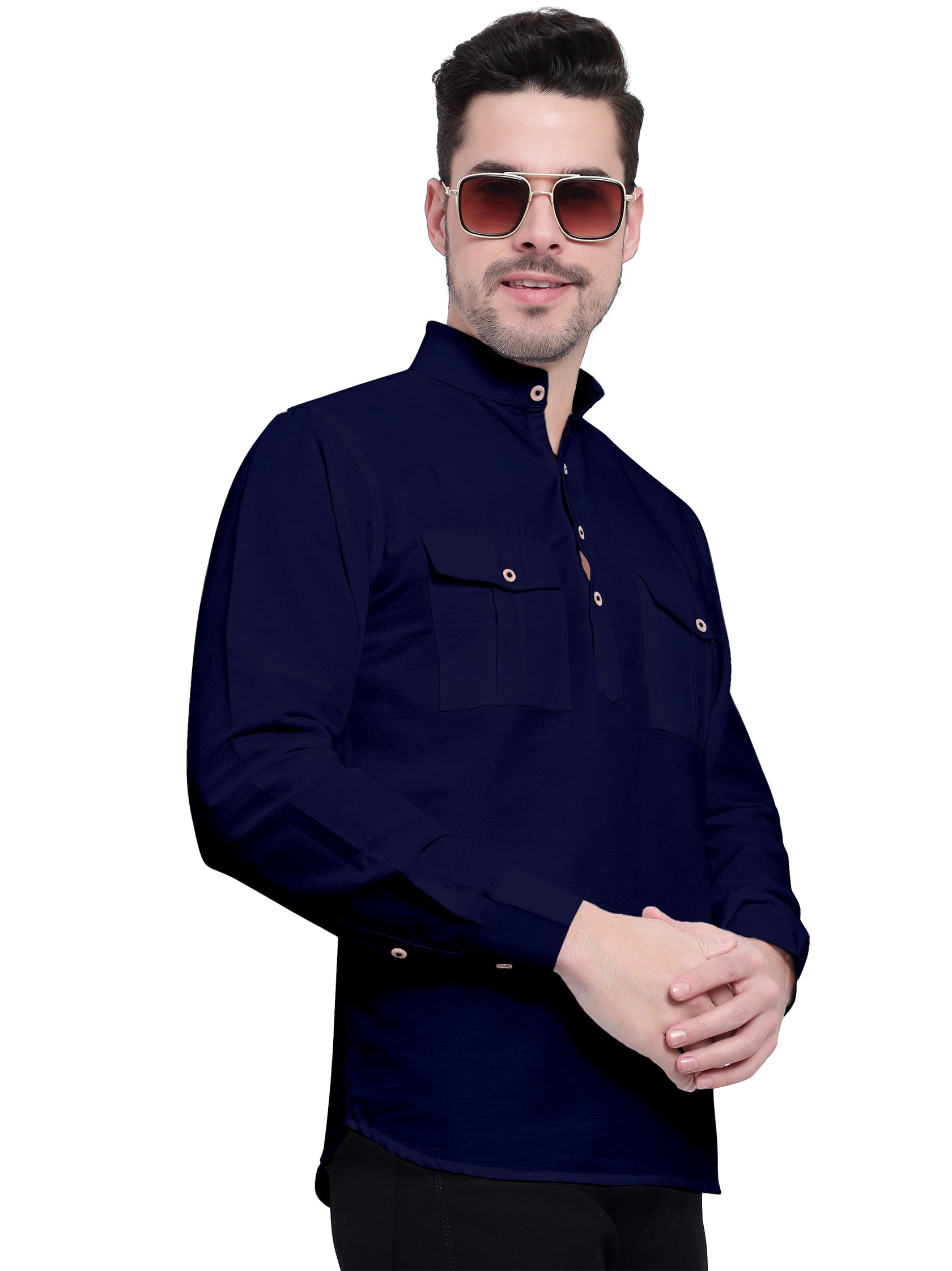Mens Casual Slim Fit Full Sleeve Double Pocket Cotton Kurta