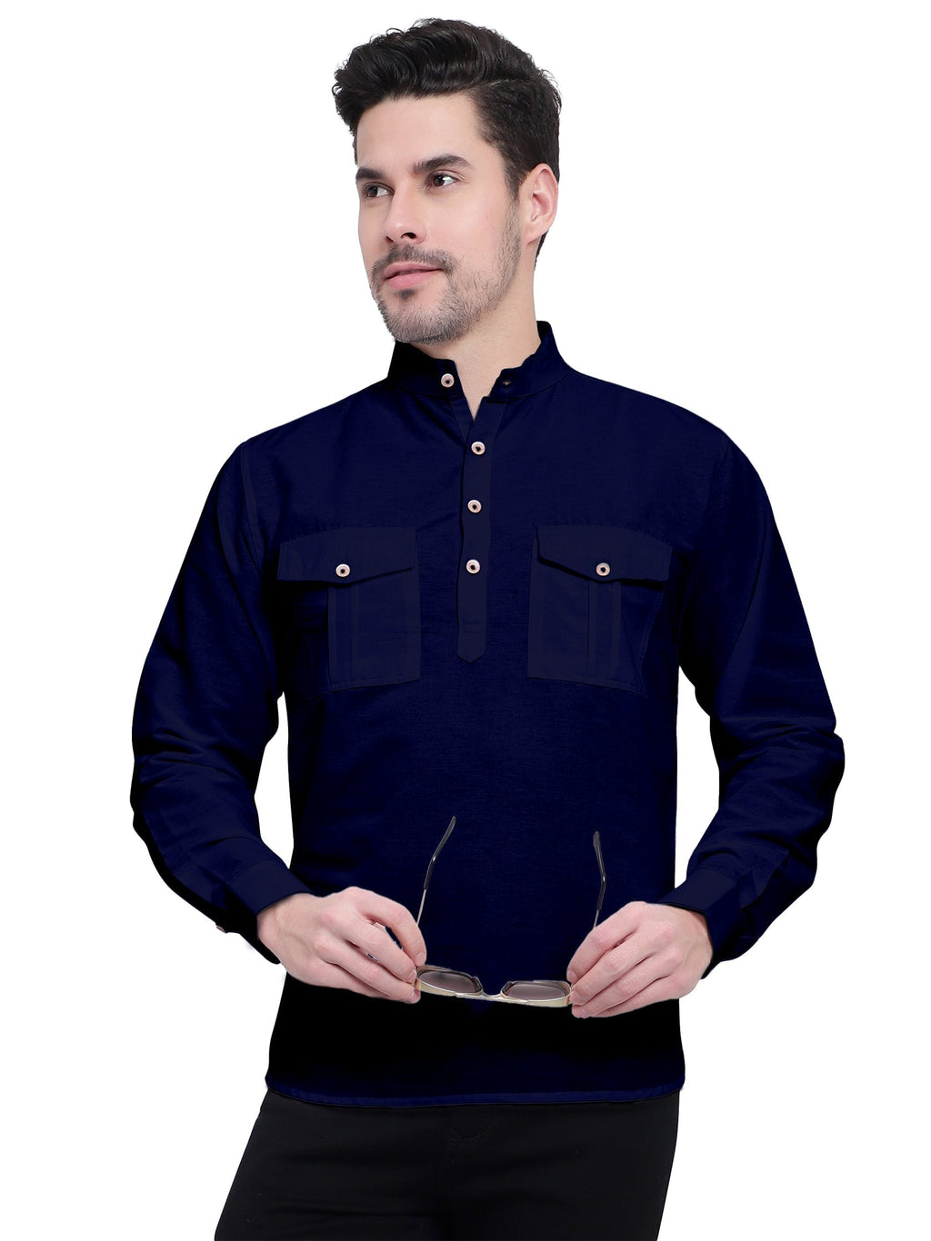 Mens Casual Slim Fit Full Sleeve Double Pocket Cotton Kurta