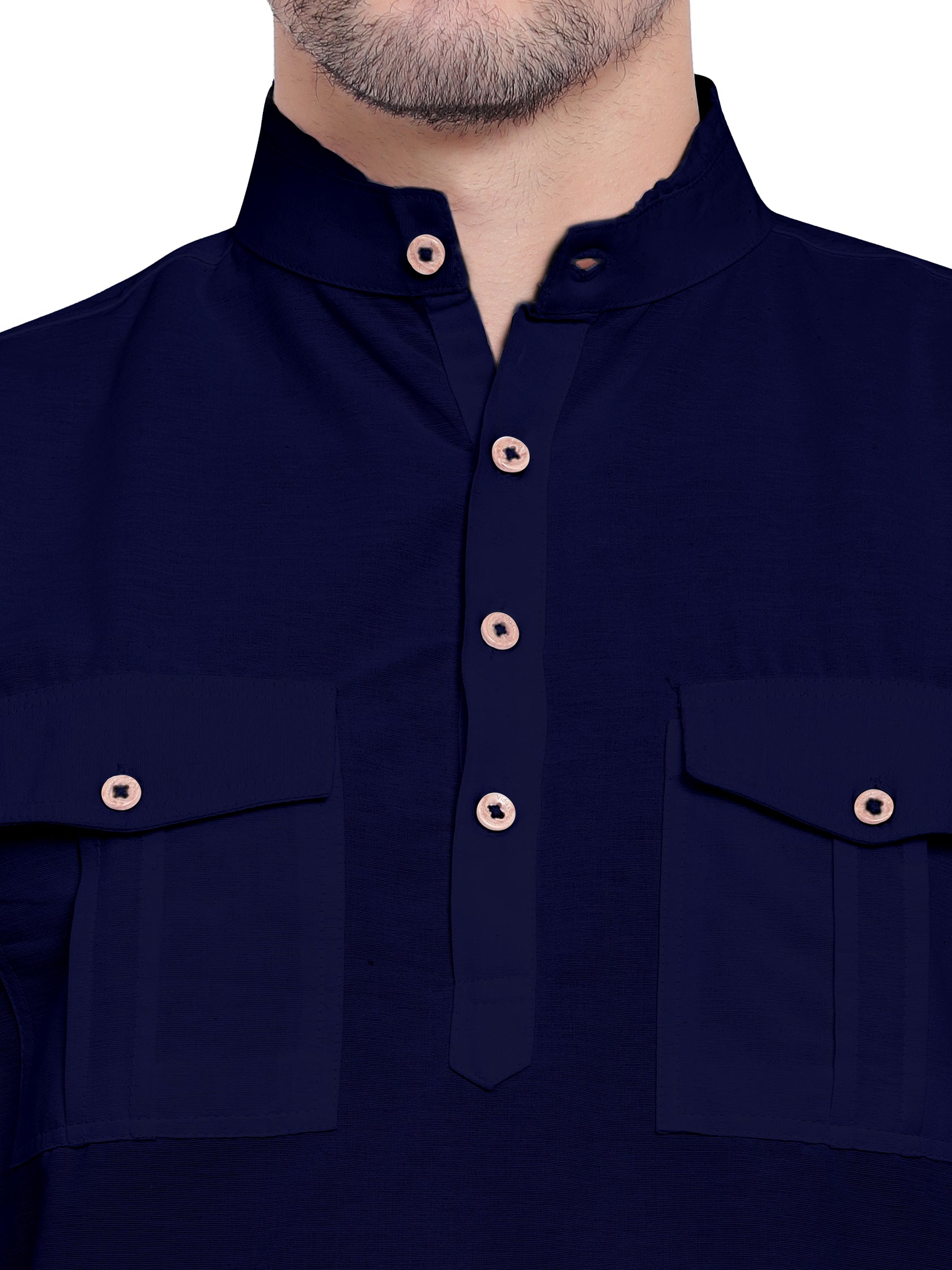 Mens Casual Slim Fit Full Sleeve Double Pocket Cotton Kurta