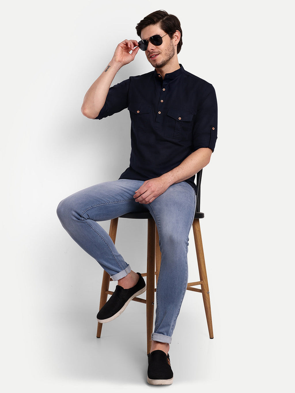 Mens Casual Slim Fit Full Sleeve Double Pocket Cotton Trendy Kurta