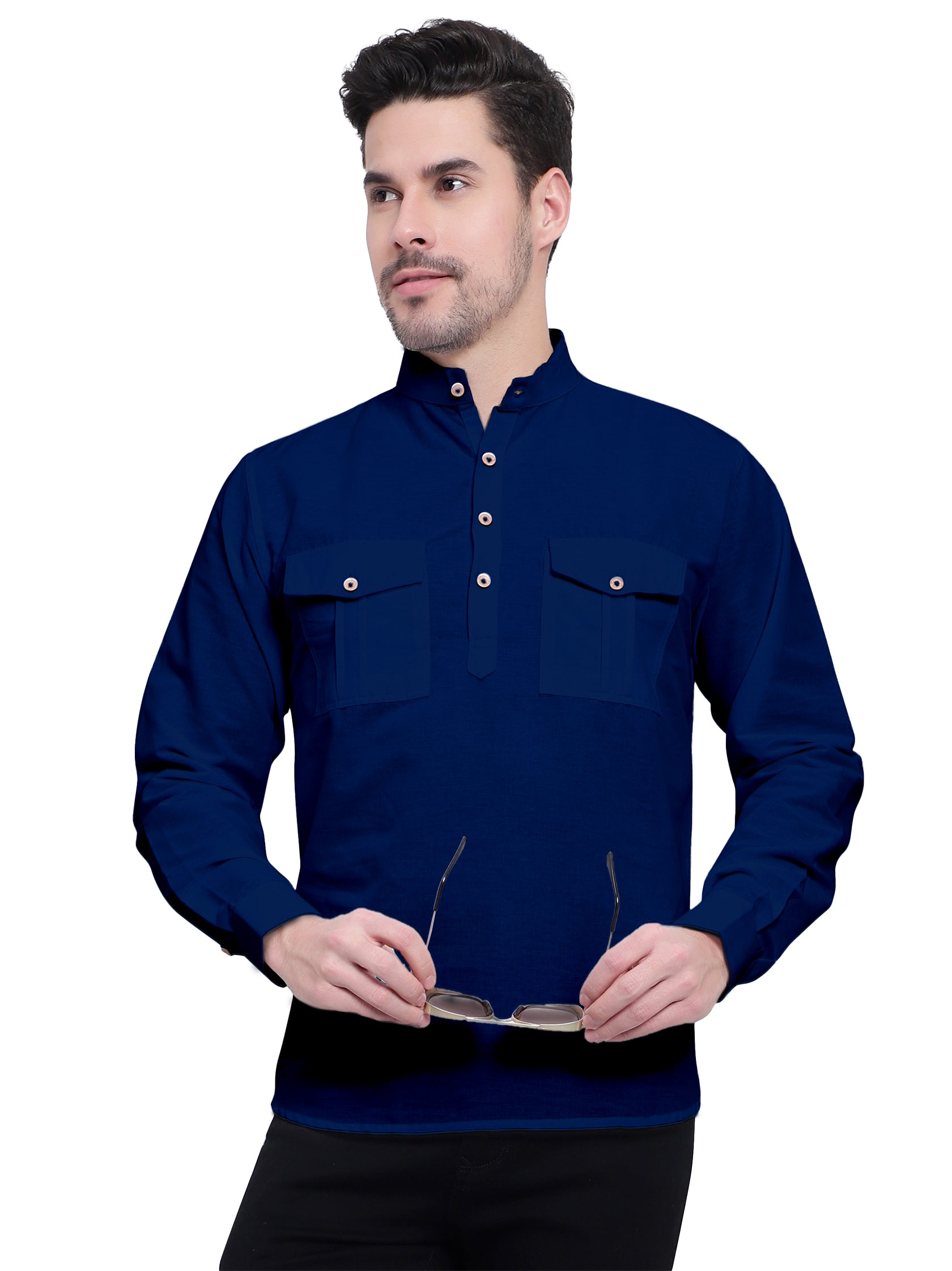 Mens Casual Slim Fit Full Sleeve Double Pocket Cotton Kurta