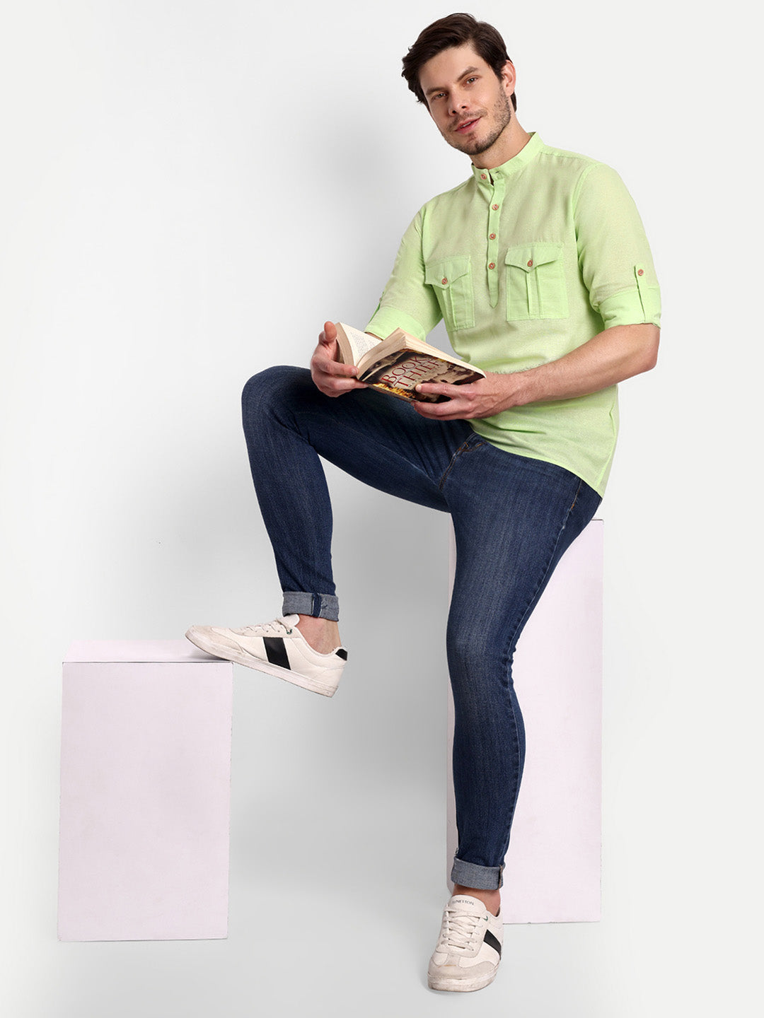 Mens Casual Slim Fit Full Sleeve Double Pocket Cotton Trendy Kurta