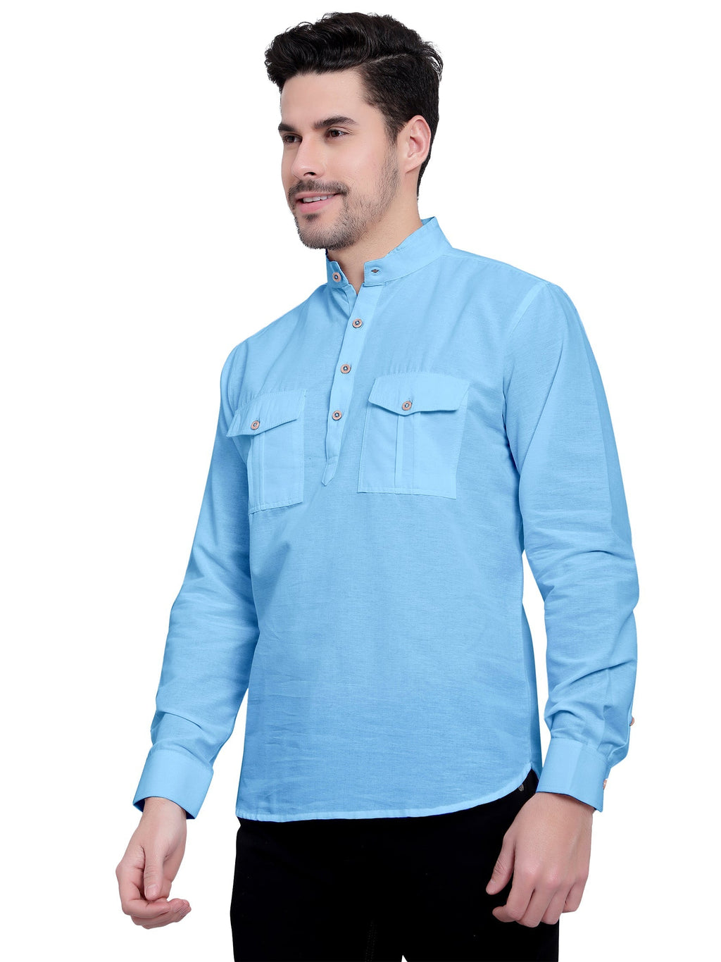 Mens Casual Slim Fit Full Sleeve Double Pocket Cotton Kurta