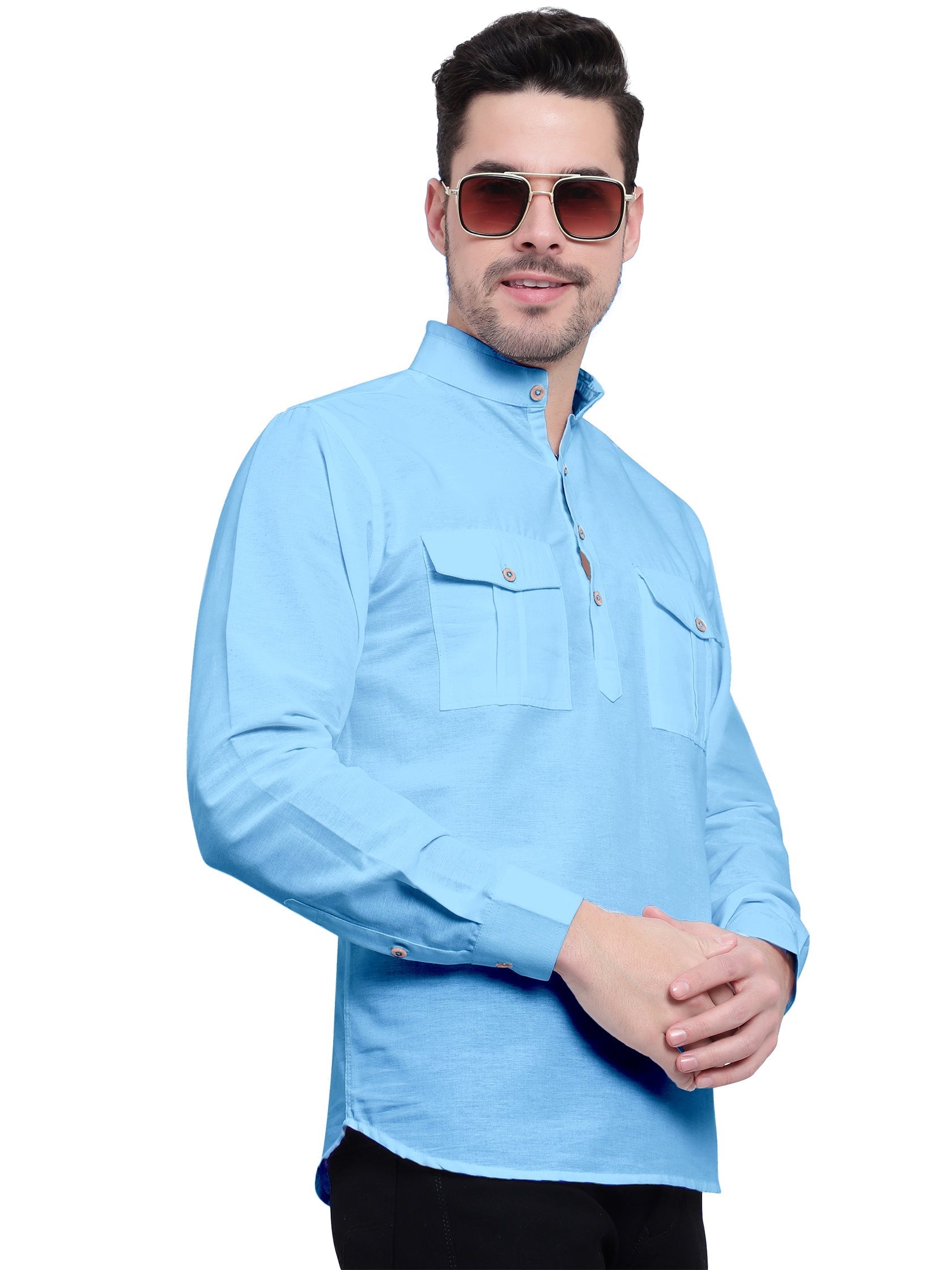 Mens Casual Slim Fit Full Sleeve Double Pocket Cotton Kurta