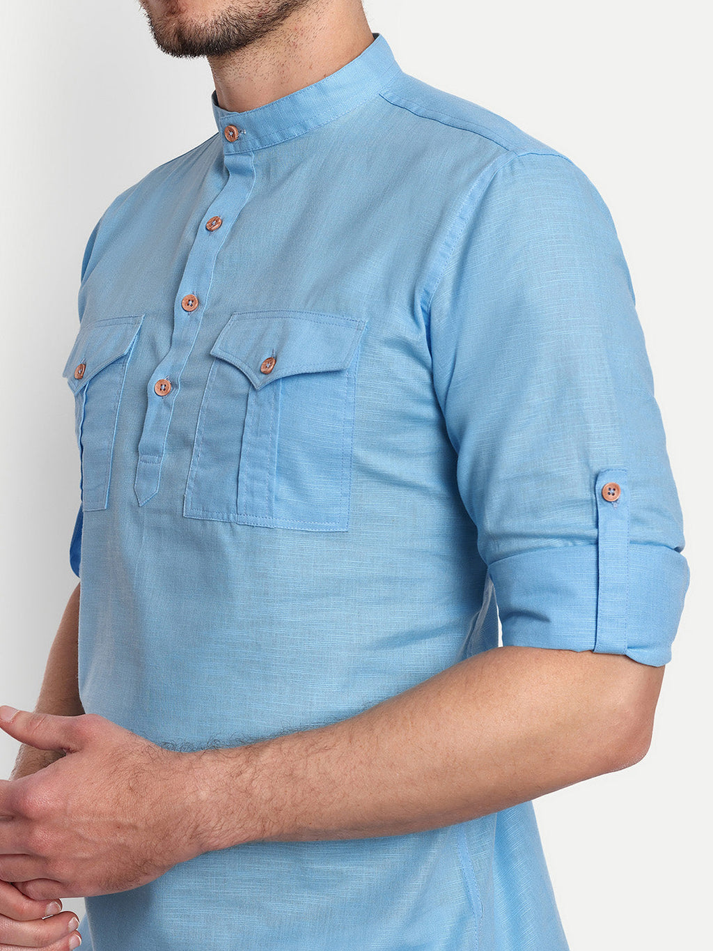 Mens Casual Slim Fit Full Sleeve Double Pocket Cotton Trendy Kurta