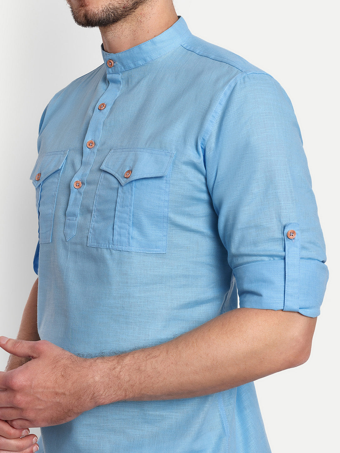 Mens Casual Slim Fit Full Sleeve Double Pocket Cotton Trendy Kurta