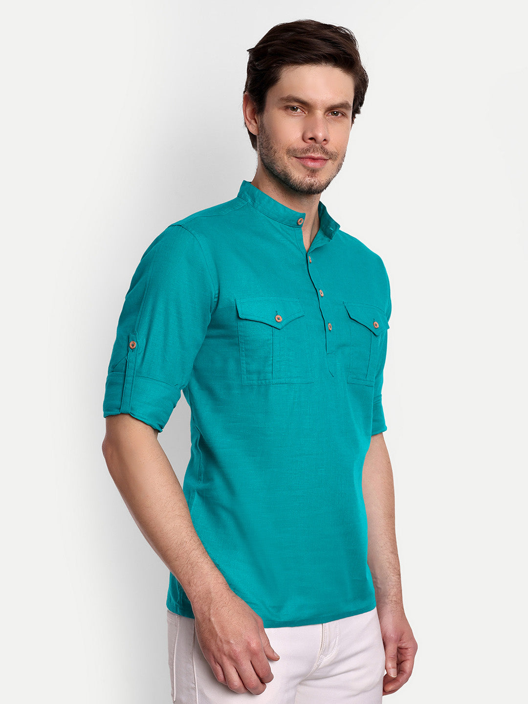 Mens Casual Slim Fit Full Sleeve Double Pocket Cotton Trendy Kurta