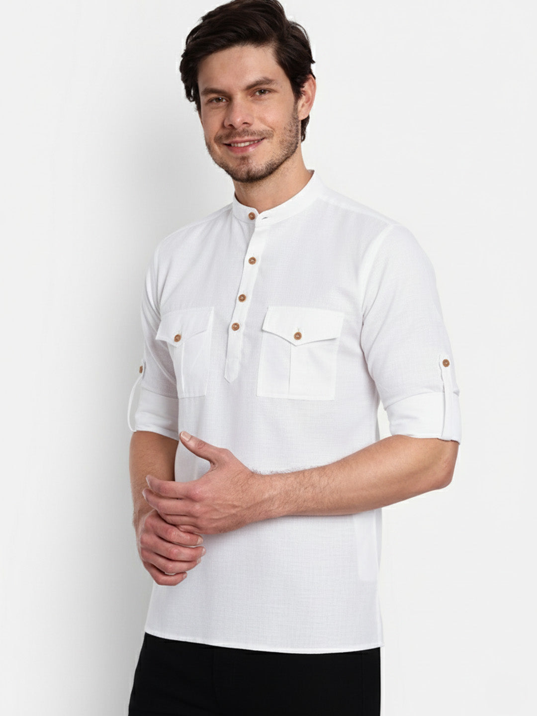 Mens Casual Slim Fit Full Sleeve Double Pocket Cotton Trendy Kurta