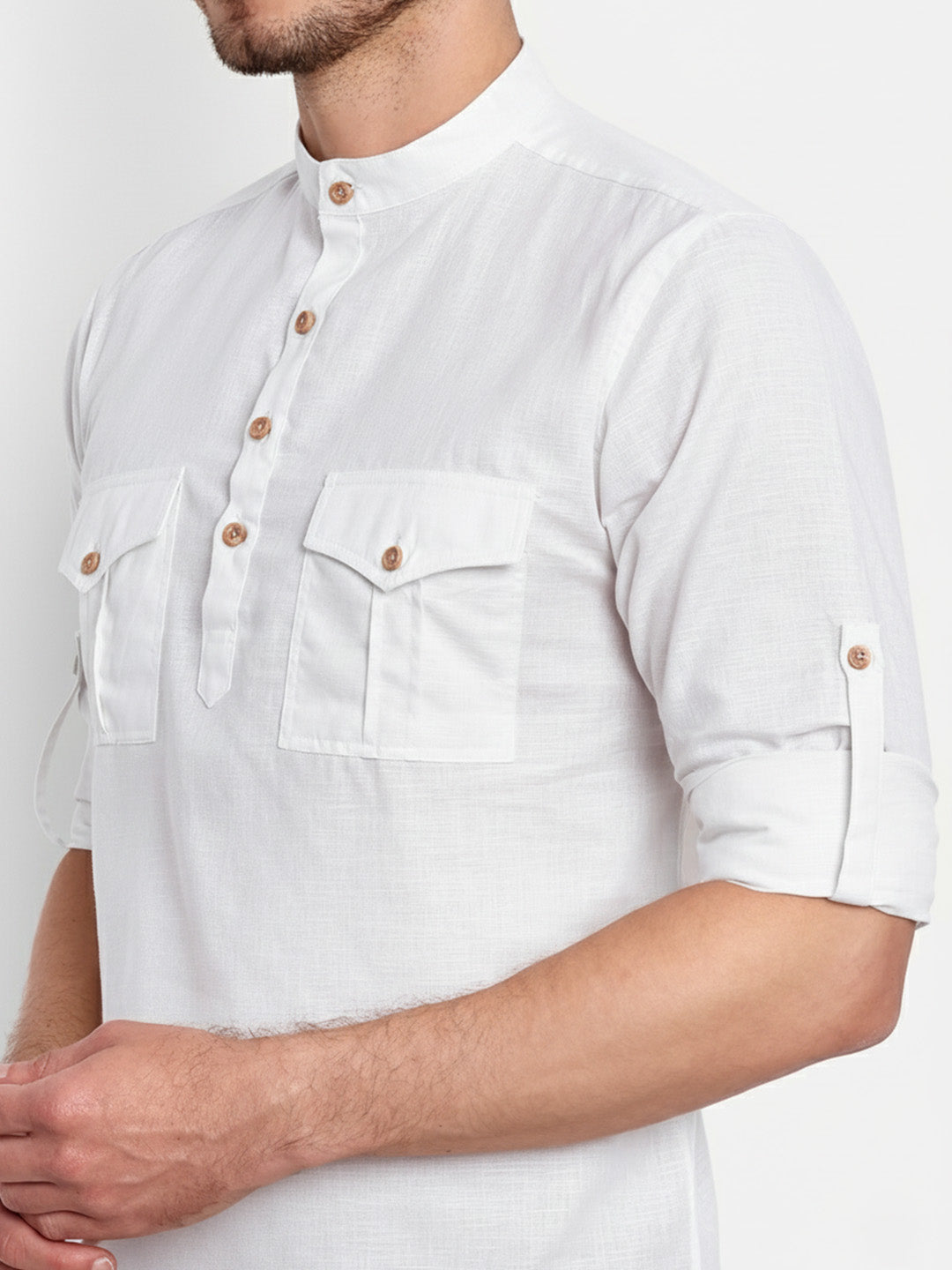 Mens Casual Slim Fit Full Sleeve Double Pocket Cotton Trendy Kurta