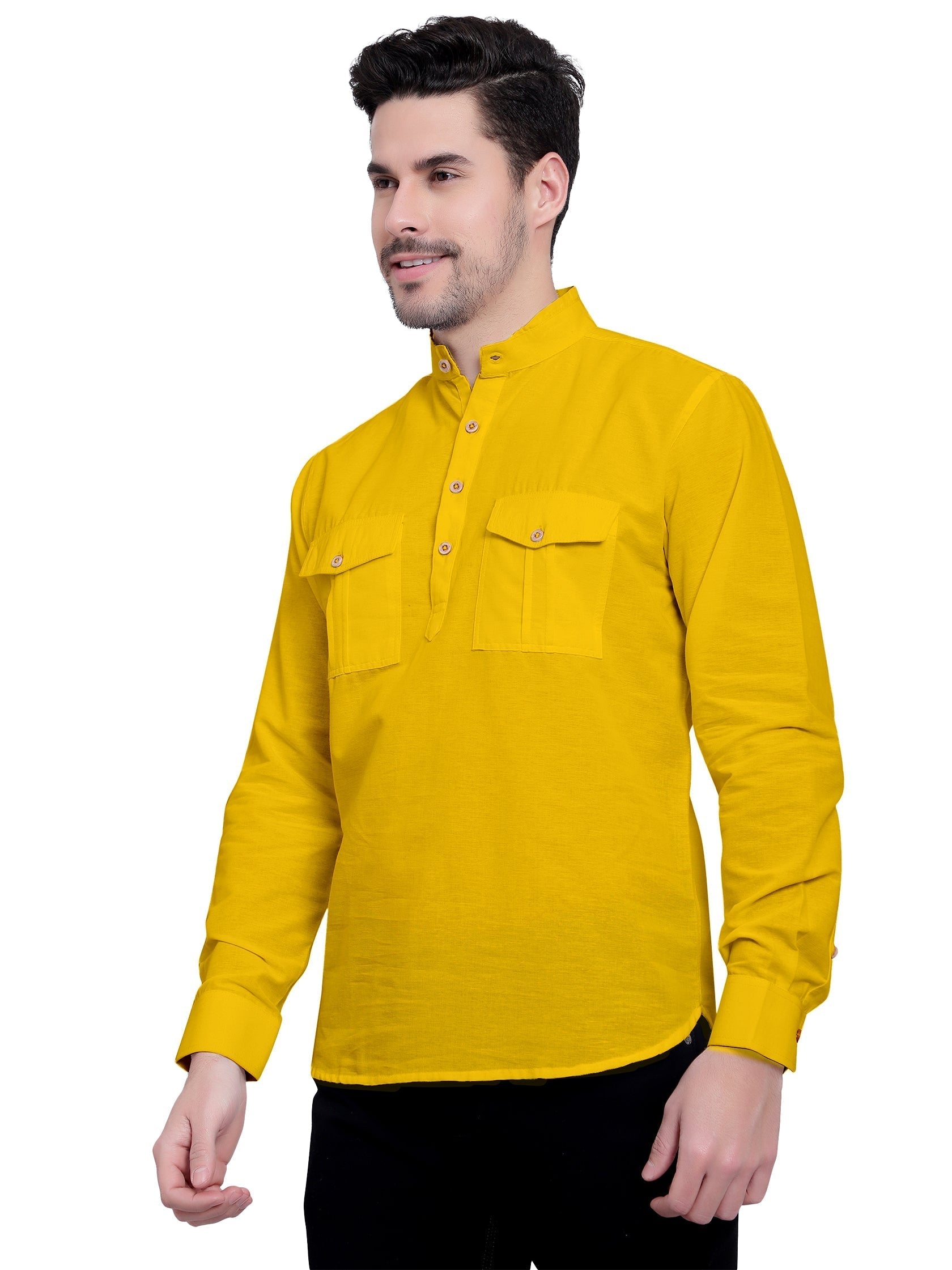Mens Casual Slim Fit Full Sleeve Double Pocket Cotton Kurta