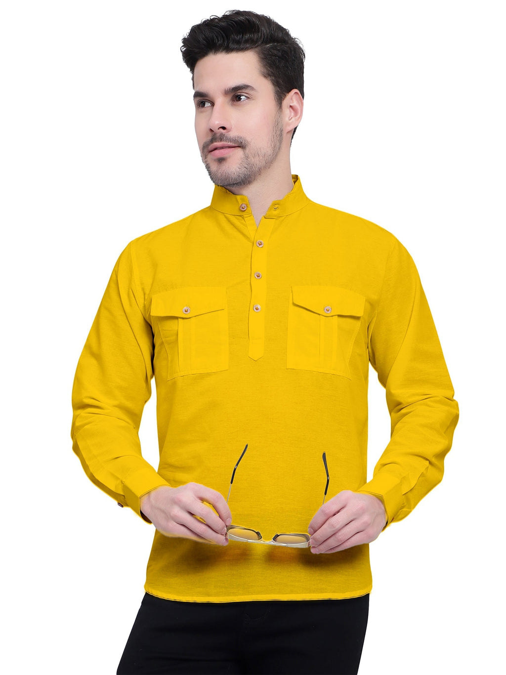 Mens Casual Slim Fit Full Sleeve Double Pocket Cotton Kurta