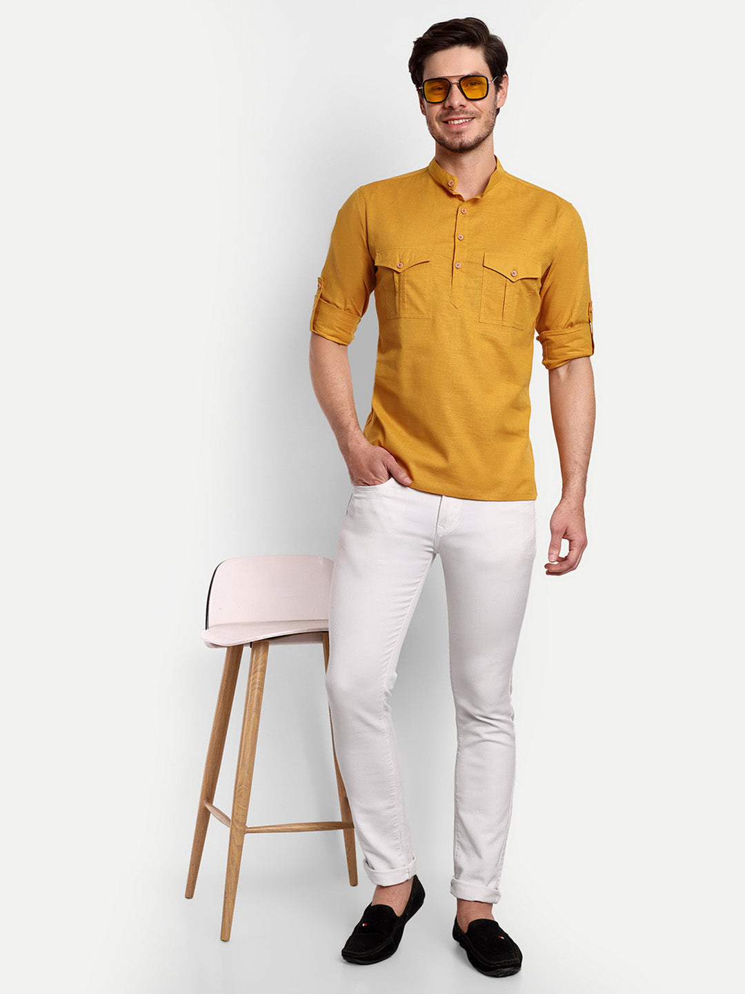 Mens Casual Slim Fit Full Sleeve Double Pocket Cotton Trendy Kurta