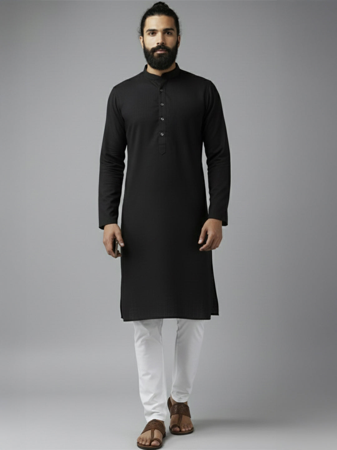 Men Solid Pure Cotton Mandarin Collar Long Kurta Main image