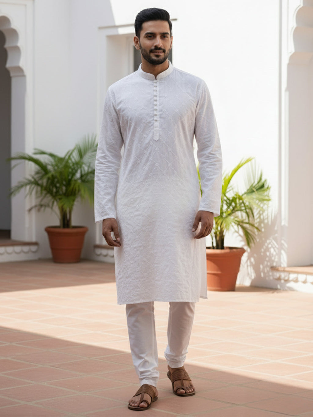 Men White Solid Chikankari Embroidered Mandarin Collar Cotton Kurta