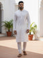 Men White Solid Chikankari Embroidered Mandarin Collar Cotton Kurta