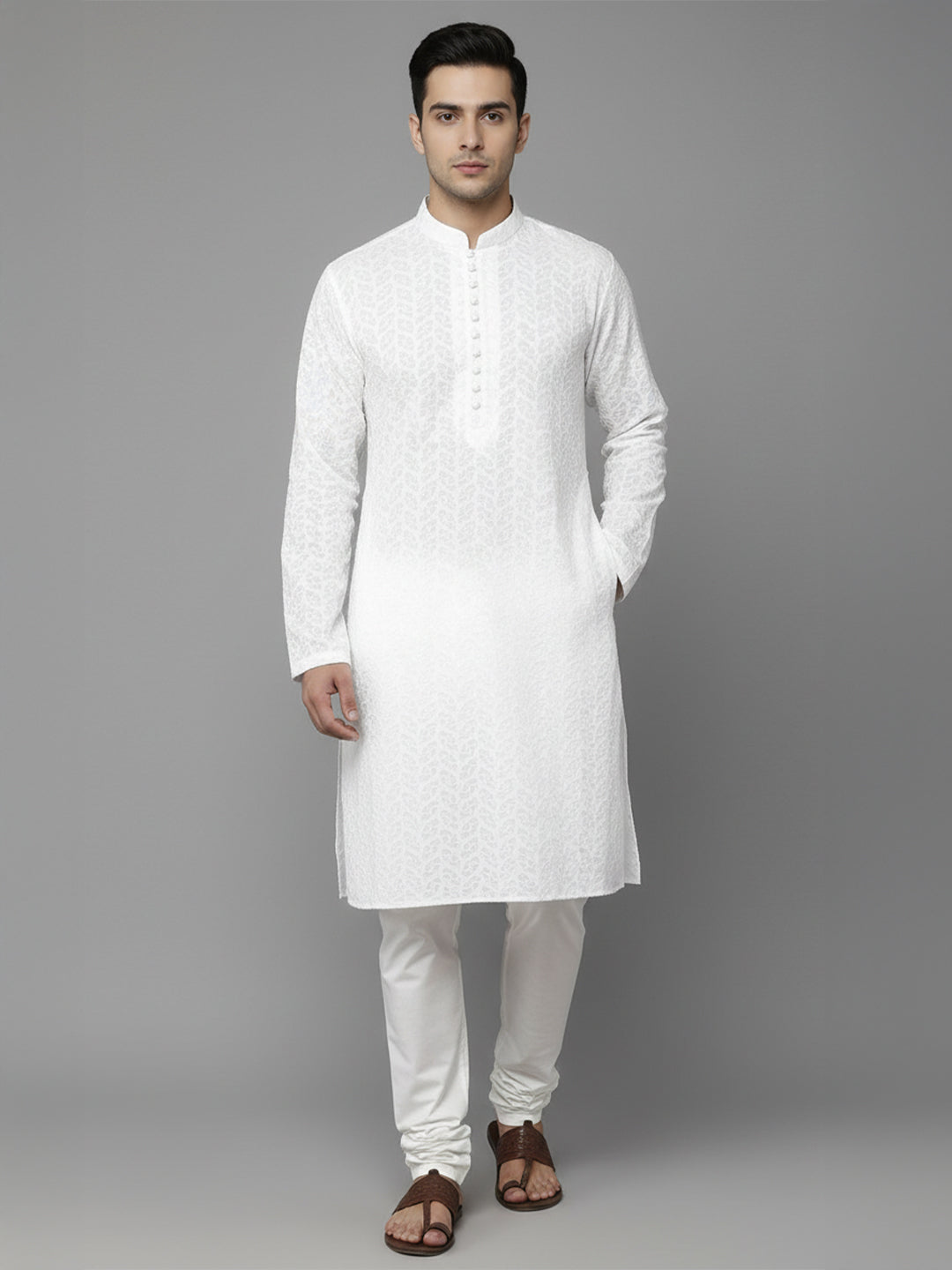 Men White Geometric Embroidered Chikankari Pure Cotton Kurta Main image