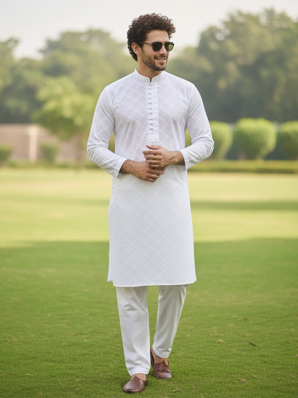 Men White Chikankari Embroidered Straight Kurta