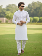 Men White Chikankari Embroidered Straight Kurta