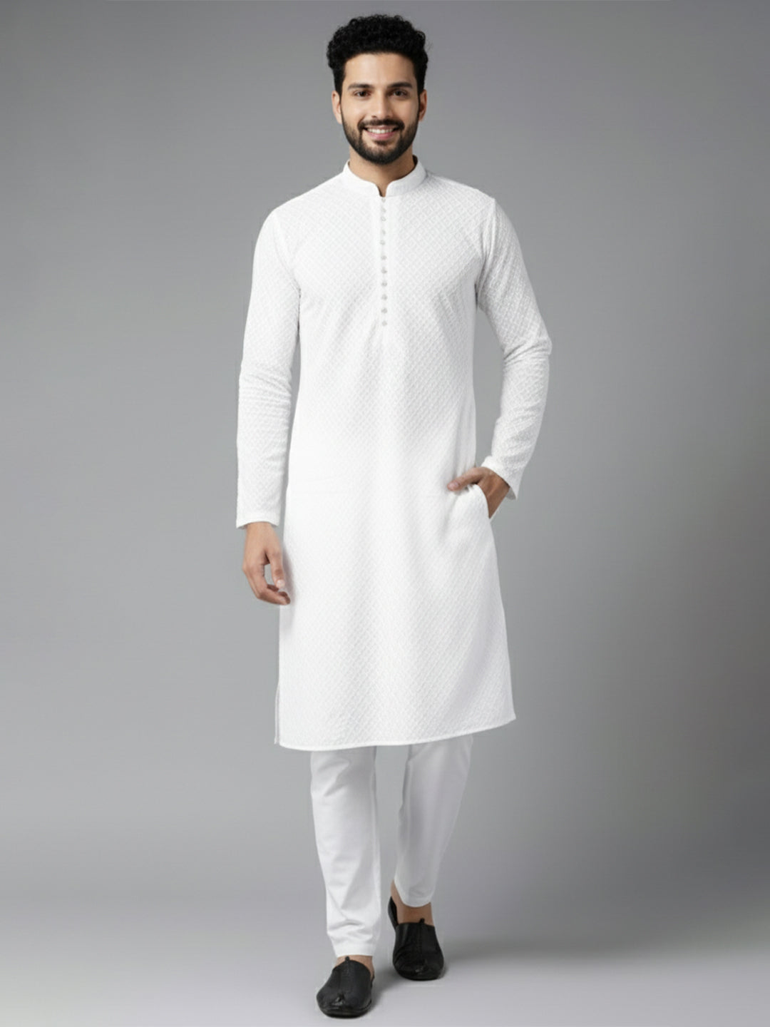 Men White Pure Cotton Chikankari Embroidered Straight Kurta Main image