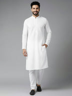 Men White Pure Cotton Chikankari Embroidered Straight Kurta