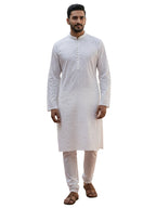 Men White Solid Chikankari Embroidered Mandarin Collar Cotton Kurta